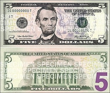 New, colorful 5-dollar bill (Abe Lincoln)