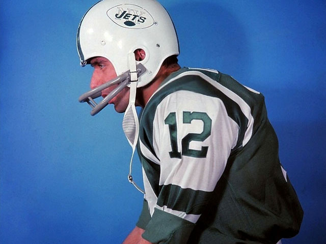 Joe Namath Wearing a 1964 New York Jets Helmet